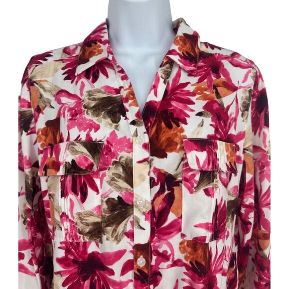 Chico's Womens Pink Floral Collared Button Up Roll Tab Sleeve Size 1 US M - Picture 2 of 13